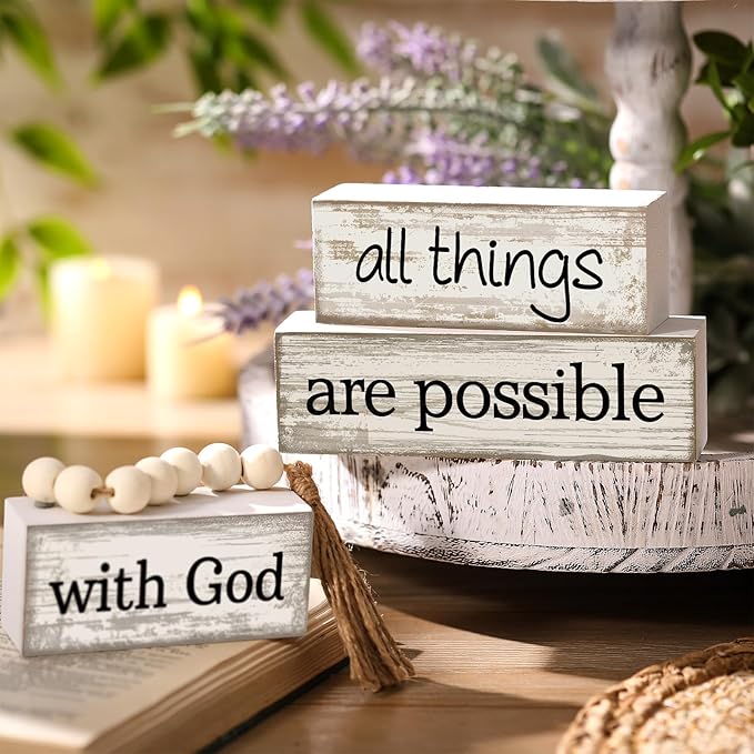 Yuntau 4 Pcs Farmhouse Wooden Tabletop Decor Farmhouse Tiered Tray Decor Rustic Retro Wood Bead Garland with God All Things are Possible Block Sign Neutral Centerpiece Sign for Home Shelf Mantle