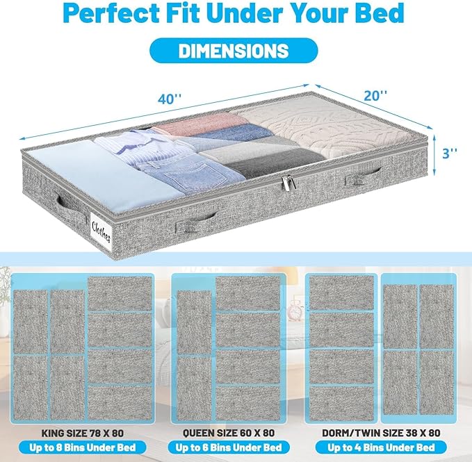 3 Inch Low Profile Under Bed Storage Drawer 4 Pack, Lightweight Underbed Clothes Storage Container Bins with NO STURCTURE, Shallow Storage Bag for Dorm & Home, With Clear Lids & Water-Resistant Fabric
