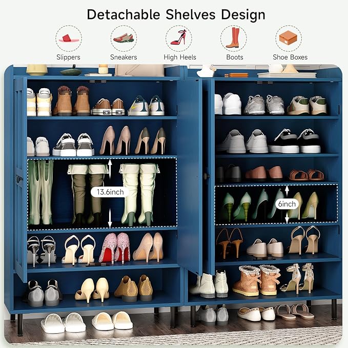 ONBRILL Shoe Cabinet with Cross Molding Doors, 6-Tier Shoe Storage Cabinet with 3 Adjustable Shelves and Metal Legs, 45'' Tall Shoes Rack Organizer Cabinet for Entryway, Front Door, Blue