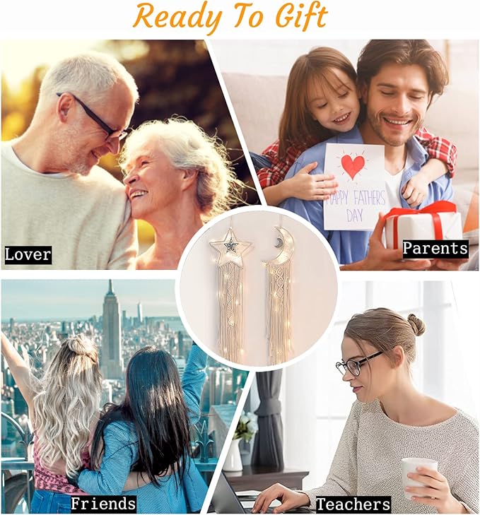 Dream Catchers, Star Moon Dream Catcher with Lights- Macrame Dreamcatcher Bedroom Wall Decor, Girls Room Decor Teenager, Dream Catcher for Girls Boys Adults Mom, Dream Catchers Boho Bedroom Decoration