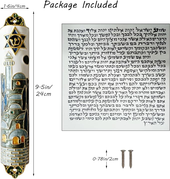 Hand Painted Mezuzah, 9.5 Inches Exquisite Enamel Mezuzah with Star of David and Jerusalem Motifs