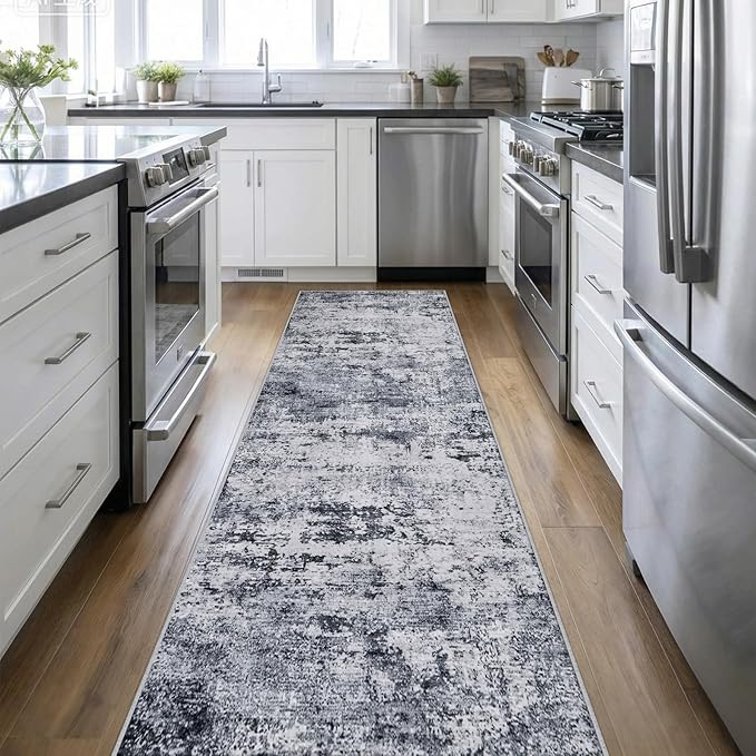 Washable Area Rug 3x14 Entryway Rug: Washable Modern Abstract Soft Thin Rug Indoor Floor No Slip Stain Resistant Carpet for Bedroom Dining Room Farmhouse Nursery Home Office - Grey