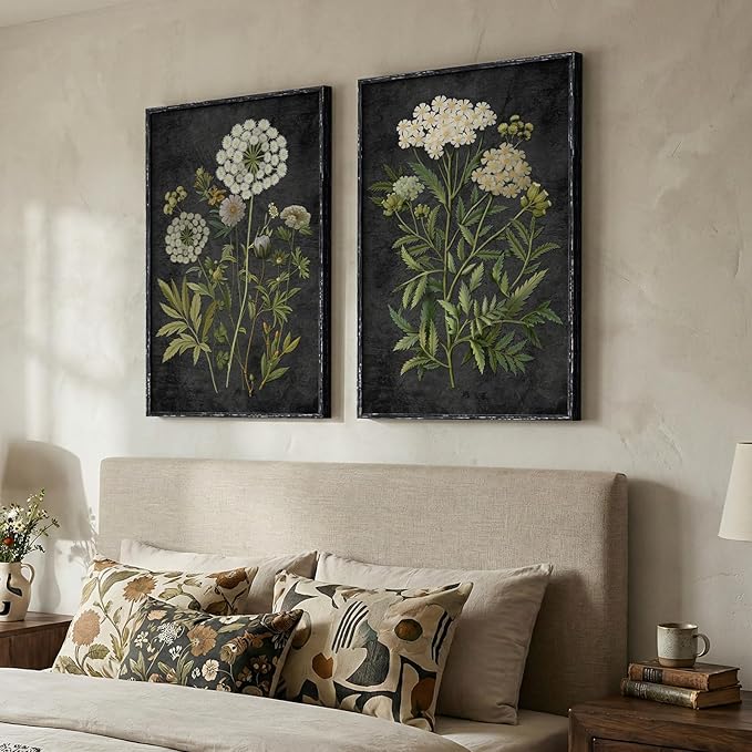 Large Framed Vintage Botanical Wall Art for Living Room, Moody Dark Floral Canvas Painting Prints, Retro Rustic Farmhouse Cottage Core Flower Artwork for Bedroom Dining Room Hallway Walls, 24x36 Inch