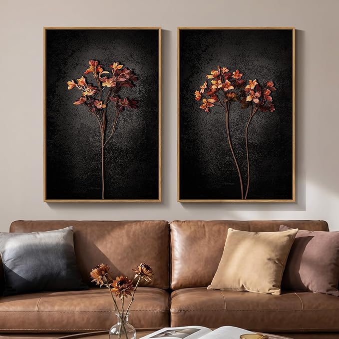Framed Vintage Botanical Wall Art for Living Room, Set of 2 Piece Black Neutral Moody Floral Canvas Prints, Minimalist Modern Farmhouse Flower Wall Decor for Bedroom Office Dining Room, 16x24 Inch