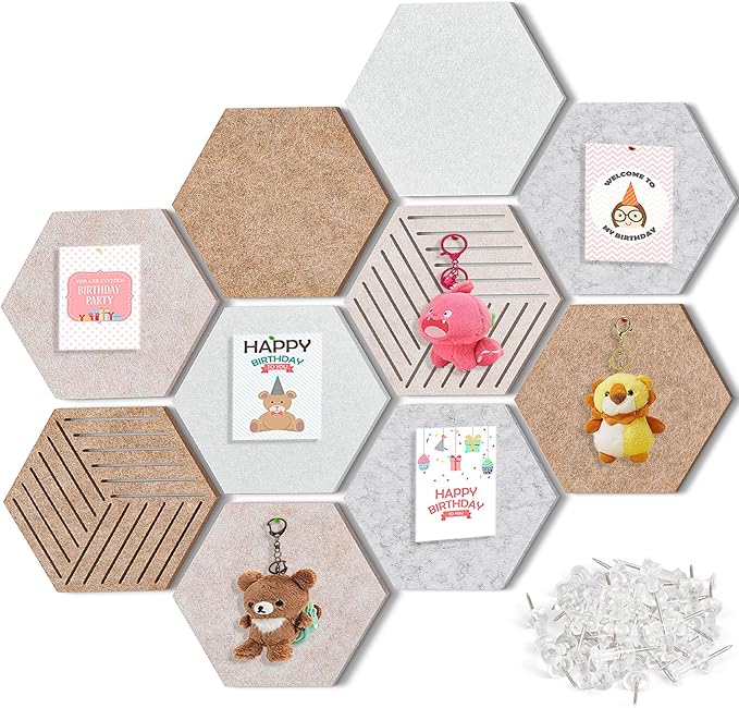 15'' Hexagon Cork Board Tiles Alternative 10 Pack, Adhesive Large Corkboard for Office Decorative, Hexagonal Felt Bulletin Board Tiles for Wall Vision Board, Sound Absorption Pin Board