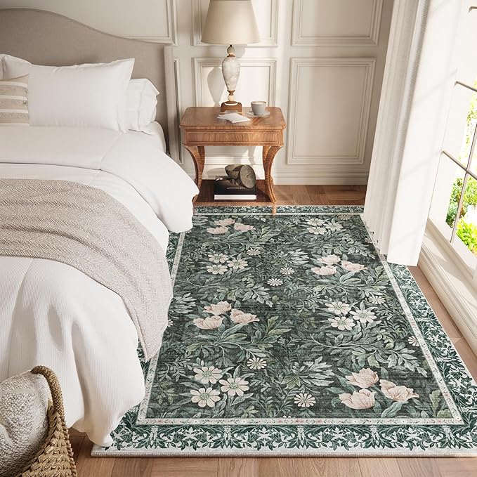 Vintage Floral with Ornate Border Washable 4x6 Area Rug, Soft Low Pile Carpet for Living Room, Dining Room Under Table, Bedroom | Non-Slip, Stain Resistant & Durable