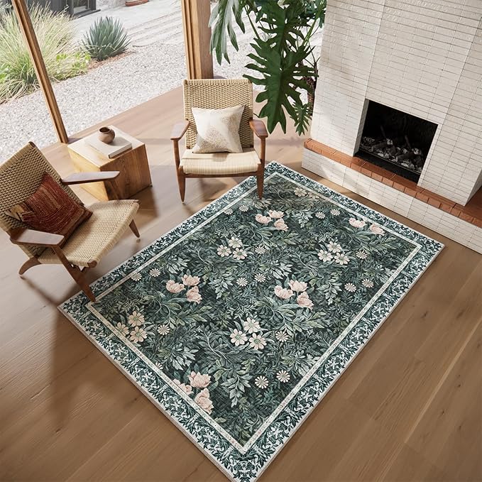 Vintage Floral with Ornate Border Washable 5x7 Area Rug, Soft Low Pile Carpet for Living Room, Dining Room Under Table, Bedroom | Non-Slip, Stain Resistant & Durable