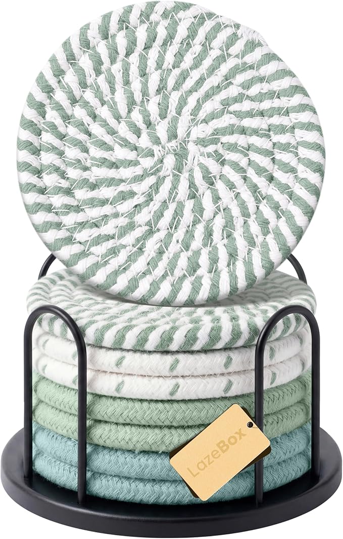 Lazebox Coasters Set of 8 for Drinks, 4 Inch Large Coasters for Coffee Table, Tabletop Protection for Hot & Cold Drinks, Versatile Coasters for Home Decor, Non-Slip & Easy to Clean, Mint Green