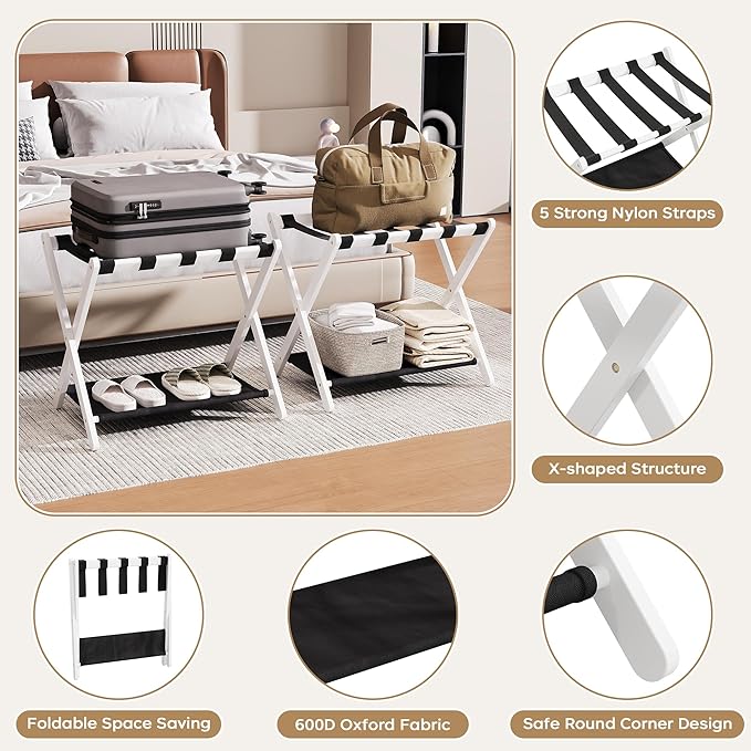 26.77" Full Assembled Luggage Rack for Guest Room, Set of 1 Bamboo Foldable Suitcase Stand, Bedroom & Hotel, Folding Luggage Holder with 5 Nylon Straps, 600D Oxford Fabric Shelf White