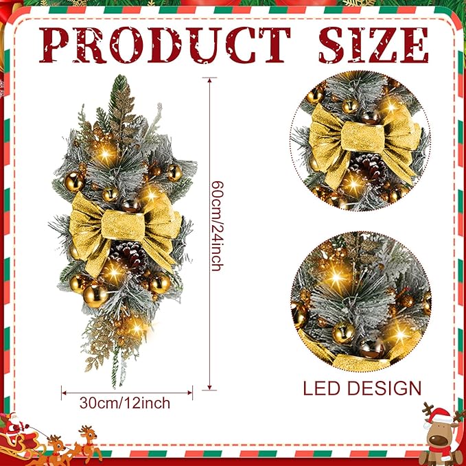 Lyrow 4 Pcs Cordless Prelit Christmas Artificial Swags 24" Xmas Stairway Swag Teardrop Trim Christmas Staircase Decoration Battery Operated Garland Indoor Outdoor Railing Decor (Chic Style)