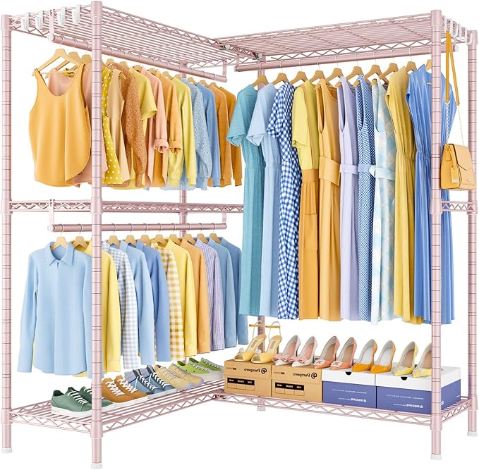 E15 Pro Garment Rack L Shaped Clothes Rack for Corner，Freestanding Clothing Racks for Hanging Clothes，Heavy Duty Closet System with 4 Hanging Rods & 8 S Hooks，48.8"W x 15.8"D x 78.4"H，Pink