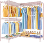 E15 Pro Garment Rack L Shaped Clothes Rack for Corner，Freestanding Clothing Racks for Hanging Clothes，Heavy Duty Closet System with 4 Hanging Rods & 8 S Hooks，48.8"W x 15.8"D x 78.4"H，Pink