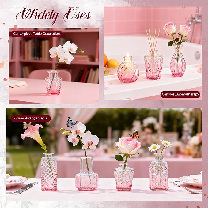Der Rose Pink Glass Bud Vases Set of 20, Small Bud Vases for Flowers, Rustic Wedding Centerpieces and Home Decor