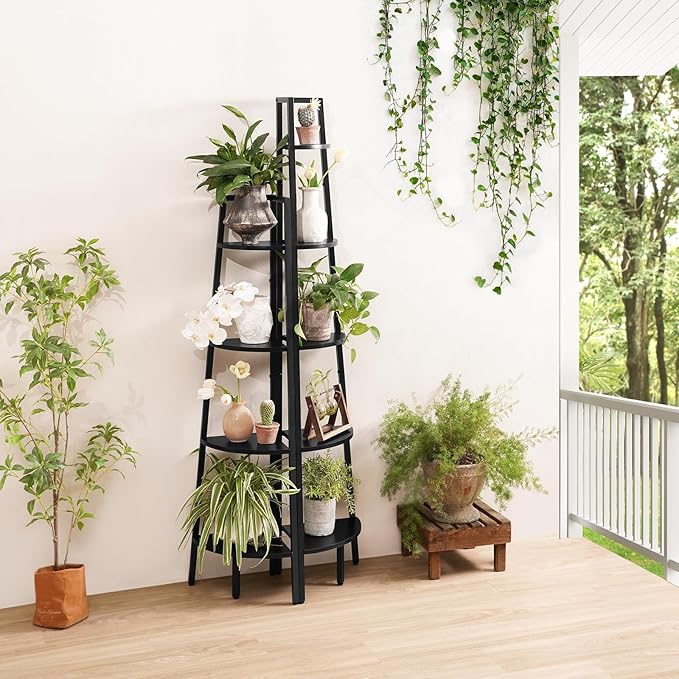 Yoobure 4-Tier Corner Shelf with Metal Frame, Ladder Bookshelf Display for Bedroom Living Room, Tall Bookcase Plant Stand, Wood Small Shelf Stand Home
