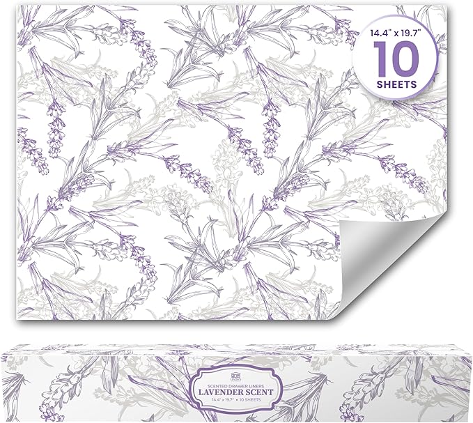 Lavender Scented Drawer Liners for Dresser Drawers (10 Large Sheets, 19.7" x 14.4") - Non Adhesive Drawer Paper Liner for Bedroom Dresser & Closet Shelves by Linda’s Essentials