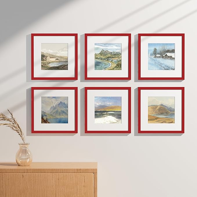 Vittanly 12x12 Picture Frames Set of 9, Shatter Resistant Plexiglass, Display 8x8 Pictures with Mat or 12x12 without Mat, Photo Frames for Wall Mount, Engineered Wood, Red