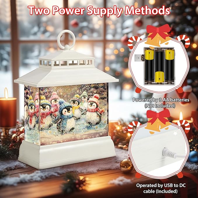 Christmas Snow Globe Lantern Water Glittering Lantern with 8 Songs & 6H Timer Romote Control Christmas Snow Globes USB & Battery Operated for Christmas Festival Decorations Gifts (Penguins)