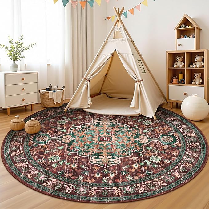 U'Artlines Boho Vintage Round Area Rug 8ft Machine Washable Low Pile Soft Floor Carpet Non Slip Non Shedding Accent Rug for Living Room Bedroom Entryway Dining Room Office Rust＆Teal
