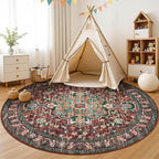 U'Artlines Boho Vintage Round Area Rug 8ft Machine Washable Low Pile Soft Floor Carpet Non Slip Non Shedding Accent Rug for Living Room Bedroom Entryway Dining Room Office Rust＆Teal