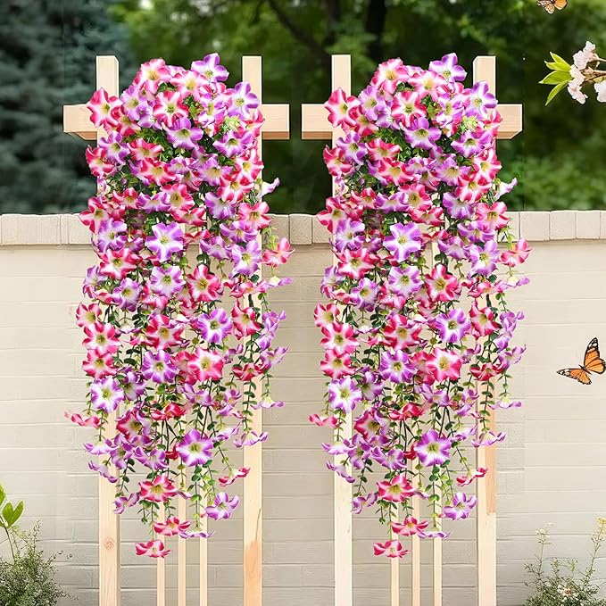 Waipfaru Artificial Petunias Flowers for Outdoors, 4 Pcs UV Resistant Fake Hanging Plants Spring Outside Decor, Faux Silk Flowers Long Trailing Vines for Outdoor Planters Porch Garden (Purple Fuchsia)
