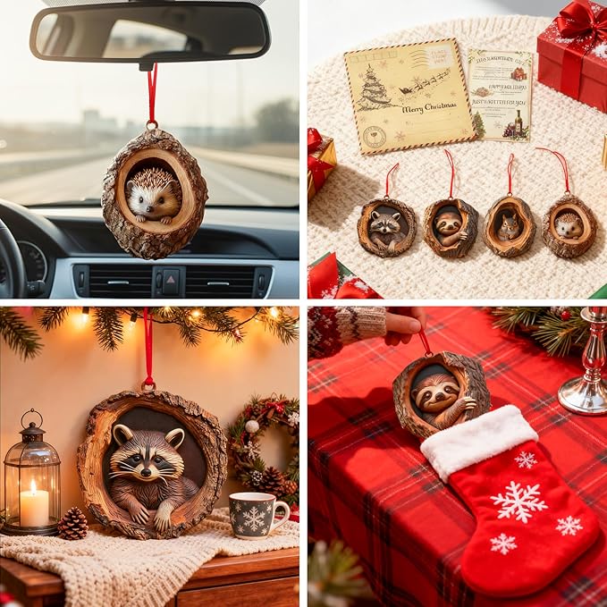 Forest Animal Christmas Ornaments, Funny Forest Animal Ornaments for Christmas Tree,3D Resin Ornaments Hanging for Animal Lover&Easter Basket Stuffers(Raccoon)