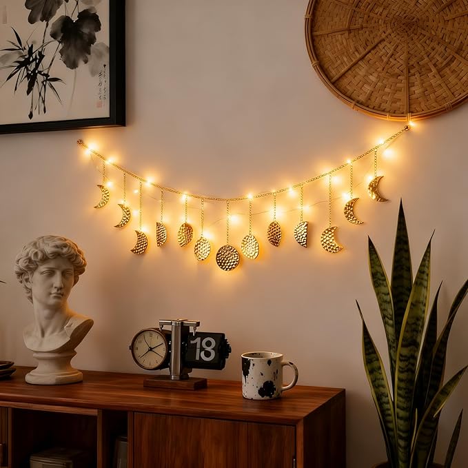 Boho Moon Phase Wall Hanging, Gold Hammered Metal LED Celestial Garland for Bedroom Witchy Home Christmas Decor