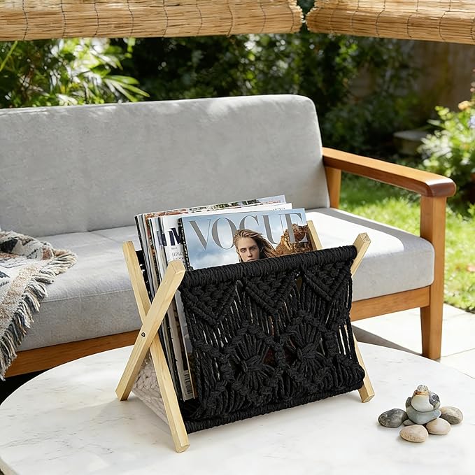Boho Macrame Magazine Holder,Hand-Woven Magazine Rack for Home Office Desktop, Storage Basket for Letters, Magazines, Books and Newspapers (Black)