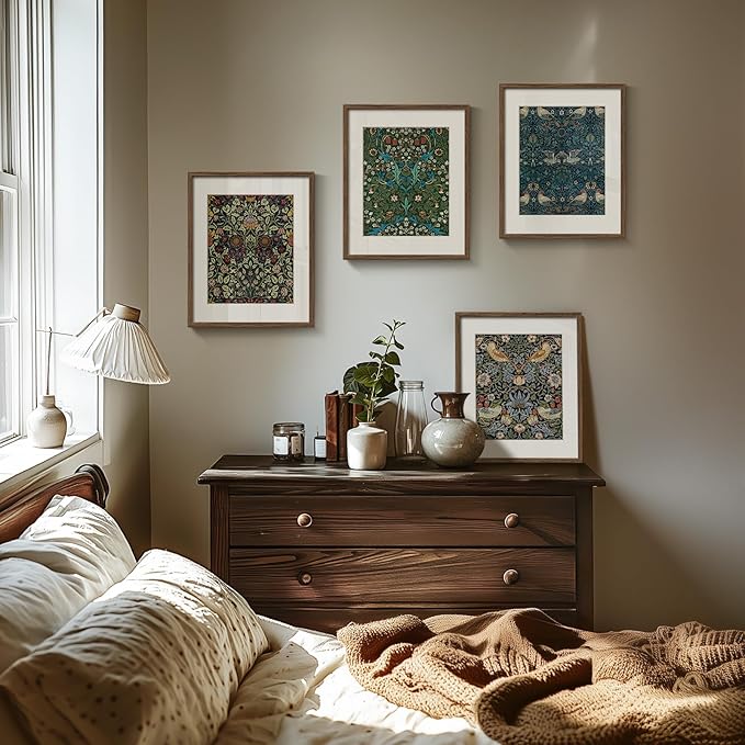 Framed William Morris Canvas Wall Art, 4 Piece Vintage Botanical Floral Bird Wall Art Decor, Retro Strawberry Thief Painting Artwork for Living Room, Bedroom, Bathroom, Office, Dining Room, 8x10