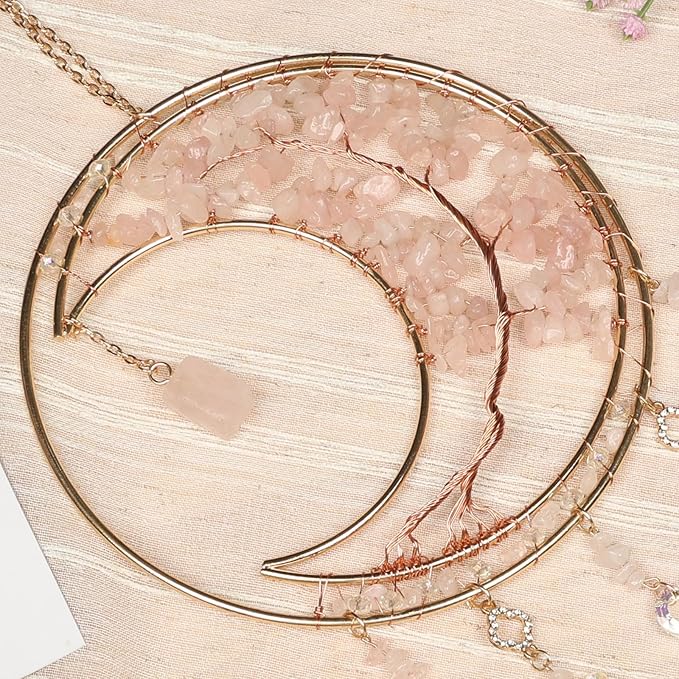 Pink Gemstone Dream Catcher 7 Chakras Tree of Life Moon Dream Catchers with Healing Crystal Stones Handmade Suncatcher Dreamcatcher Wall Decor for Adults Living Room,Bedroom,Garden,Bless Gift
