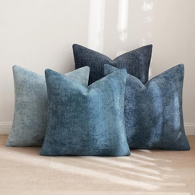 MIULEE Pack of 4 Couch Throw Pillow Covers 20x20 Inch Neutral Blue Soft Decorative Chenille Pillow Covers Farmhouse Accent Cushion Covers for Boho Western Spring Coastal Decor Sofa Bed Living Room