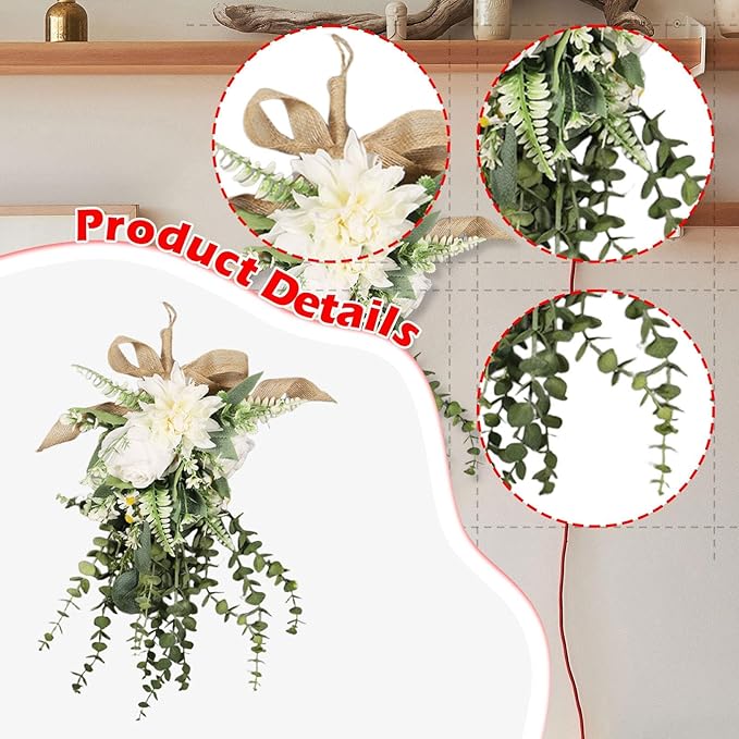 Artificial Teardrop Swag Floral Garland with Silk Flowers Ornament Handmade Reusable Suitable for Home Window, White