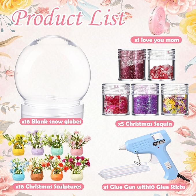Fiwochic 16 Sets Flower Snow Globes Kit with 16 Clear Plastic Globes, 8 Styles Resin Flower Bouquets, Bottles Glitter, Mini Hot Glue Gun with Glue Sticks and Ribbon for DIY Crafts