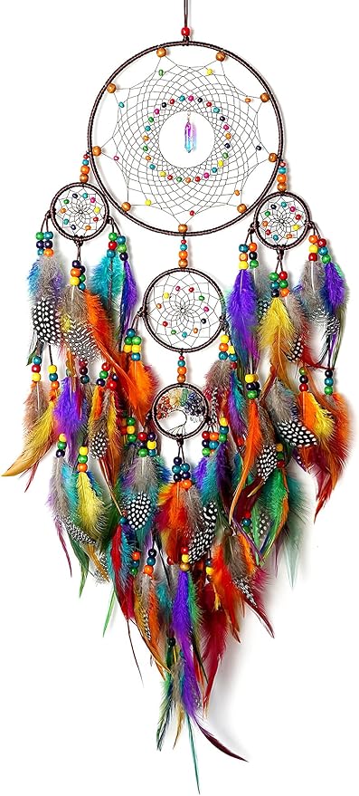 Large Dream Catchers, Handmade Woven Colorful Dream Catcher Wall Hanging, with Tree of Life Natural Healing Crystal Stone for Bedroom Wedding Party Decor, Festival Blessing Gift (Colorful)