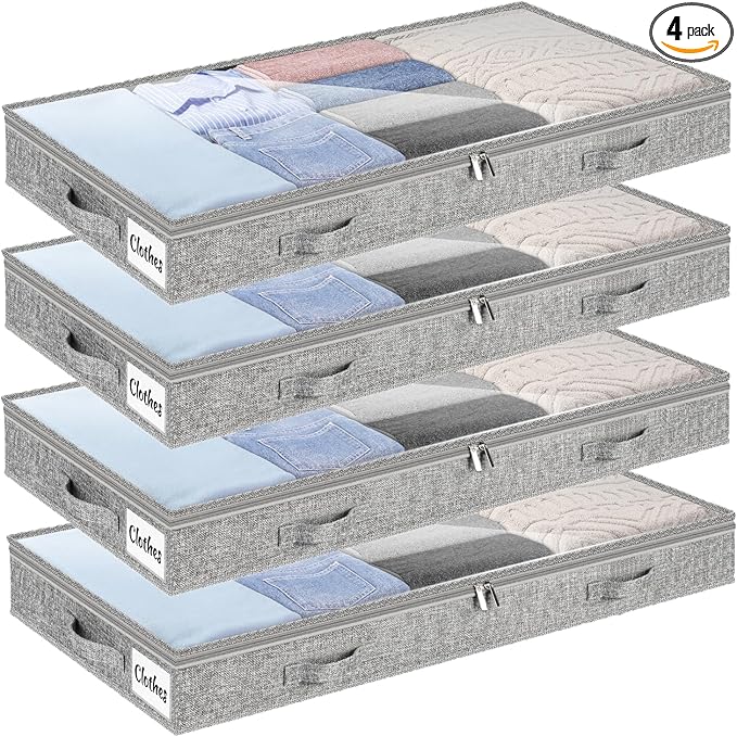 3 Inch Low Profile Under Bed Storage Drawer 4 Pack, Lightweight Underbed Clothes Storage Container Bins with NO STURCTURE, Shallow Storage Bag for Dorm & Home, With Clear Lids & Water-Resistant Fabric