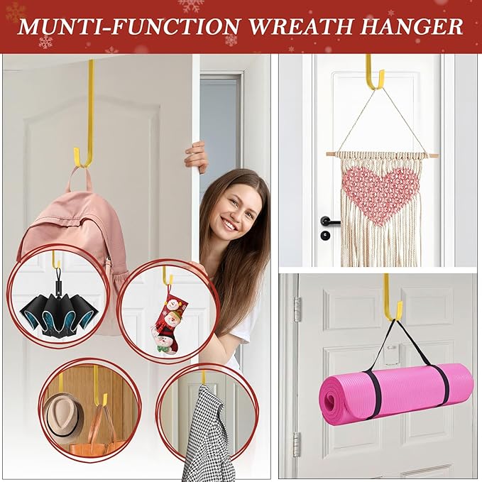 12" Metal Wreath Hanger for Front Door Non-Scratch, 2 Pack Gold Wreath Hanger Heavy Duty, Over-the-Door Hooks for Hanging Welcome Sign, Wreath Holder for Easter, Halloween, Fall, Christmas Decorations