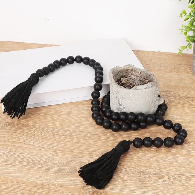 RAMIRABI Wood Beads Garland with Tassels Farmhouse Rustic Prayer Boho Beads for Boho Home Decor, Wall Hanging Decoration (Black)