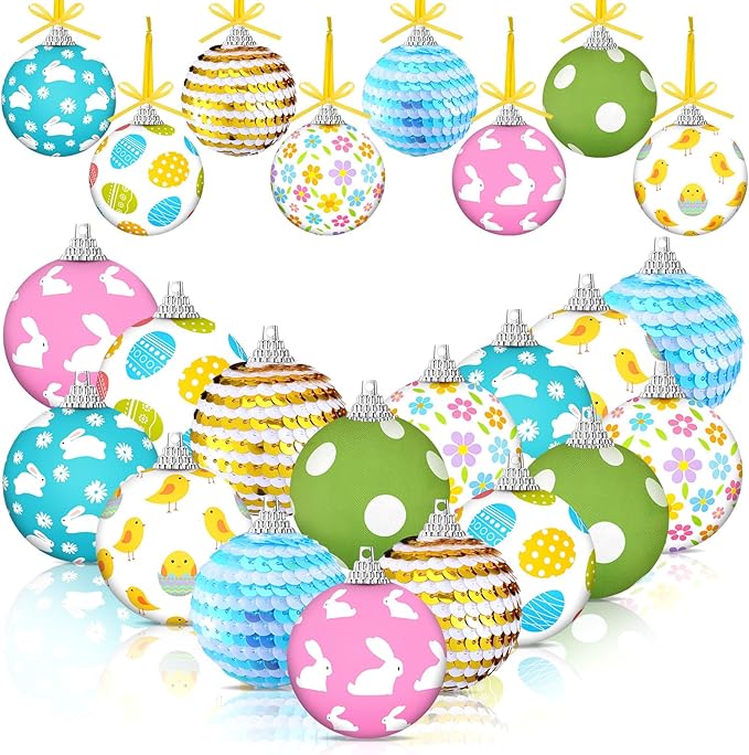 Zeyune 16 Pcs Easter Tree Ornaments for Small Tree Easter Egg Bunny Decorations Hanging Sequin Balls Ornaments for Home Seasonal Holiday Party