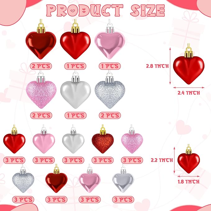 36PCS Heart Ornaments, 2 Sizes Shaped Hanging Ornaments in Red Pink Silver Colors, Glossy Baubles for Love Day Decor, Decorations for Wedding Party