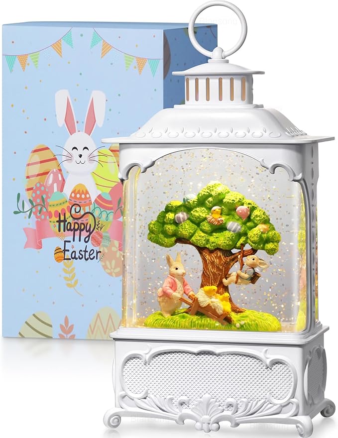 Easter Snow Globe Lantern Bunny Tree with Timer, USB and Battery Powered, Easter Decorations for Home Bunny Eggs Tree Chicken