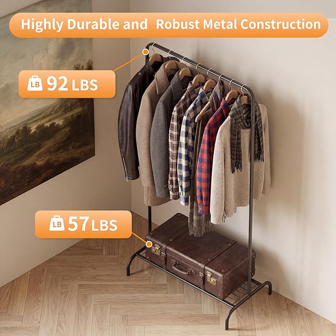 Modern Clothes Rack, 45" Height Garment Rack for Small Spaces, Stable Standing Clothing Organizer with Bottom Shelf, Portable Rack for Dorm, Apartment & Studio, 92LBS Capacity, Black