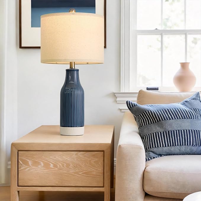 USumkky 23.75" Modern Blue Ceramic Table Lamp Set of 2 with 5FT Cord for Living Room, Farmhouse Bedside Nightstand Lamp for Bedroom Home Office Dorm