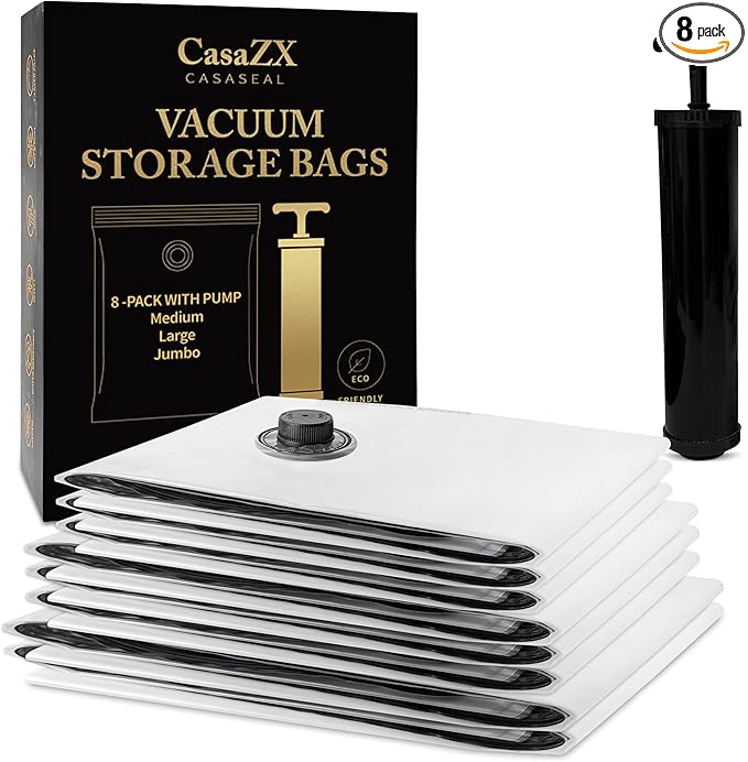 Vacuum Storage Bags 8 Pack with Hand Pump – Space Saver Compression Bags for Clothes, Bedding, Travel & Home Storage