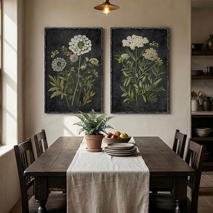Large Framed Vintage Botanical Wall Art for Living Room, Moody Dark Floral Canvas Painting Prints, Retro Rustic Farmhouse Cottage Core Flower Artwork for Bedroom Dining Room Hallway Walls, 24x36 Inch