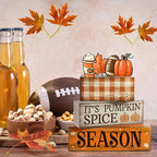 Lineshading 4 Pcs Fall Football Decorations for Home Thanksgiving Table Decor Fall Tiered Tray Decor Decorative Football Maple Leaves Pumpkins Block Signs Farmhouse Thanksgiving Centerpiece for Home