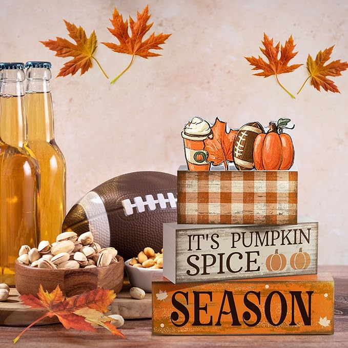 Lineshading 4 Pcs Fall Football Decorations for Home Thanksgiving Table Decor Fall Tiered Tray Decor Decorative Football Maple Leaves Pumpkins Block Signs Farmhouse Thanksgiving Centerpiece for Home