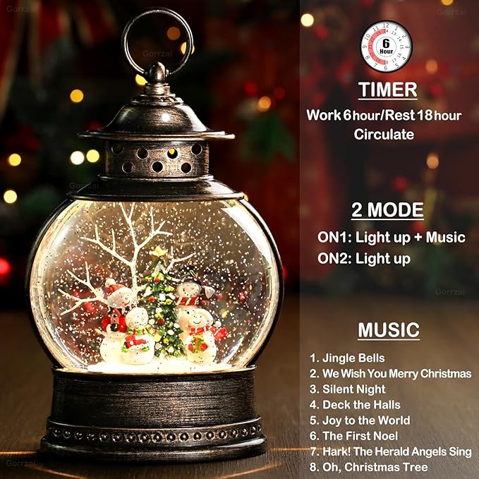 Snowman Snow Globe 12 Inch Christmas Snow Globe Lantern, Lighted Christmas Decorations Indoor for Home Light Up Musical Snowman Decor with Music Timer Swirling Glitter, USB or Battery Operated