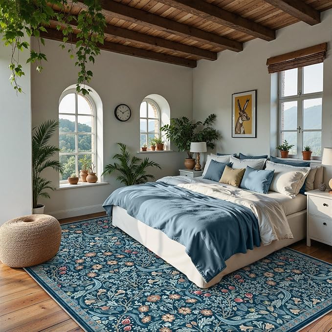 Moynesa Floral Washable 8x10 Rug, Large Area Rugs for Living Room, Soft 8 x 10 Boho Bedroom Rugs, Non Slip Botanical Ultra Thin Floor Carpet for Dining Room Nursery, Teal