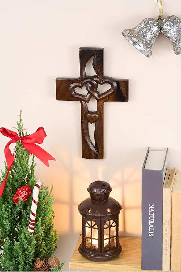 DAICAT - Handcarved Wood Cross with Intertwined Hearts, Crosses Wall Decor, Hand Made Wall Hanging Art Décor, Grift for Wedding (No 6)