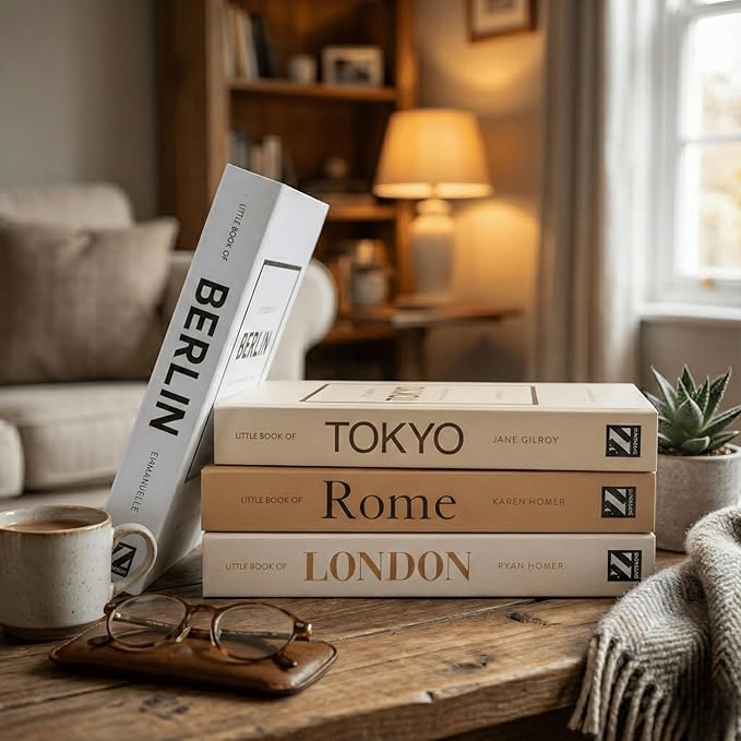 PROBENEX Warm Mocha Faux Decorative Books Set of 4 – Modern Farmhouse Brown Coffee Table Book Stack | Rustic Neutral Shelf Decor for Cozy Living Room, Bedroom & Country Modern Home Styling