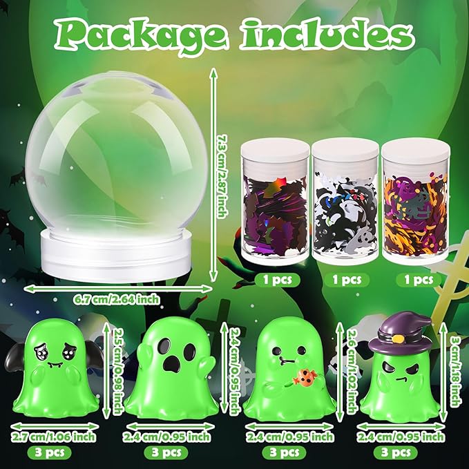 12 Sets Valentine Clear Plastic Snow Globes Kit with Heart Bear, Heart Sequins Flakes, Glue Guns for Wedding DIY Snow Globes Craft Gifts for Her Women (Halloween)